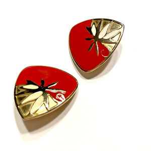 Vintage Clip On Earrings Chunky 1980’s Goldtone Red & Cream Enamel Boss Lady